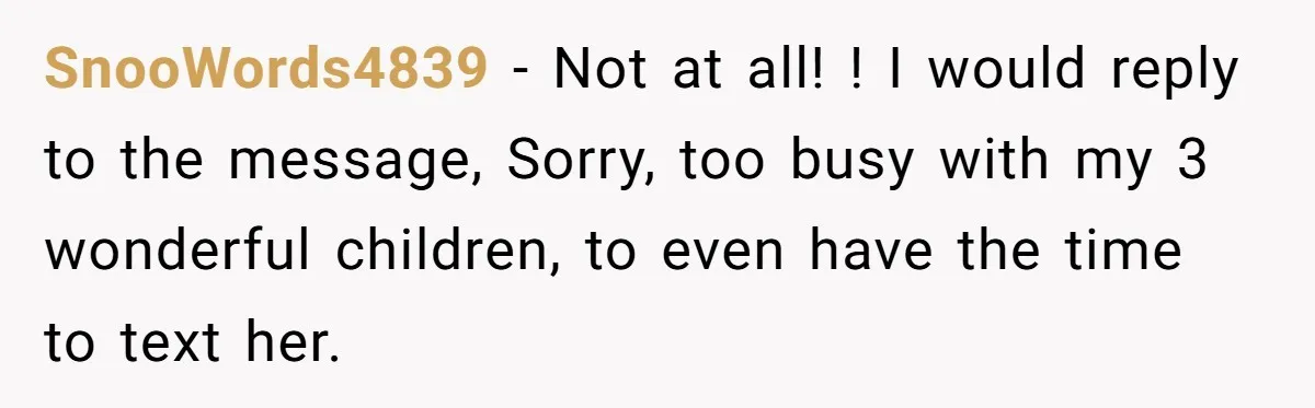 SnooWords4839 − Not at all! ! I would reply to the message, Sorry, too busy with my 3 wonderful children, to even have the time to text her.