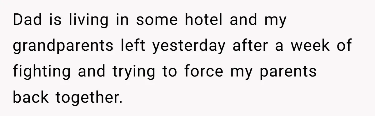 Dad is living in some hotel and my grandparents left yesterday after a week of fighting and trying to force my parents back together.