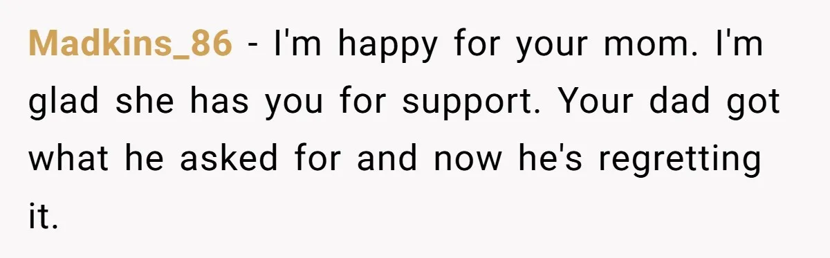 Madkins_86 − I'm happy for your mom. I'm glad she has you for support. Your dad got what he asked for and now he's regretting it.