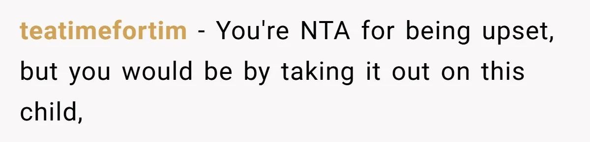 teatimefortim − You're NTA for being upset, but you would be by taking it out on this child,