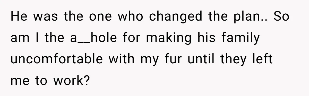 He was the one who changed the plan.. So am I the a__hole for making his family uncomfortable with my fur until they left me to work?