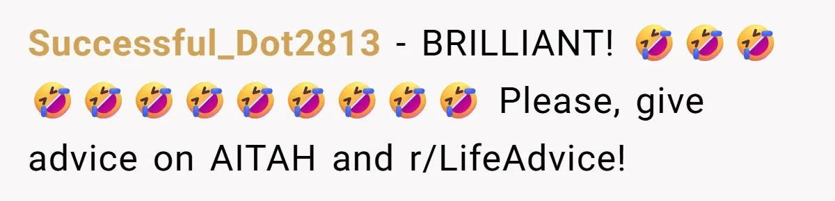 Successful_Dot2813 − BRILLIANT! 🤣🤣🤣🤣🤣🤣🤣🤣🤣🤣🤣🤣 Please, give advice on AITAH and r/LifeAdvice!