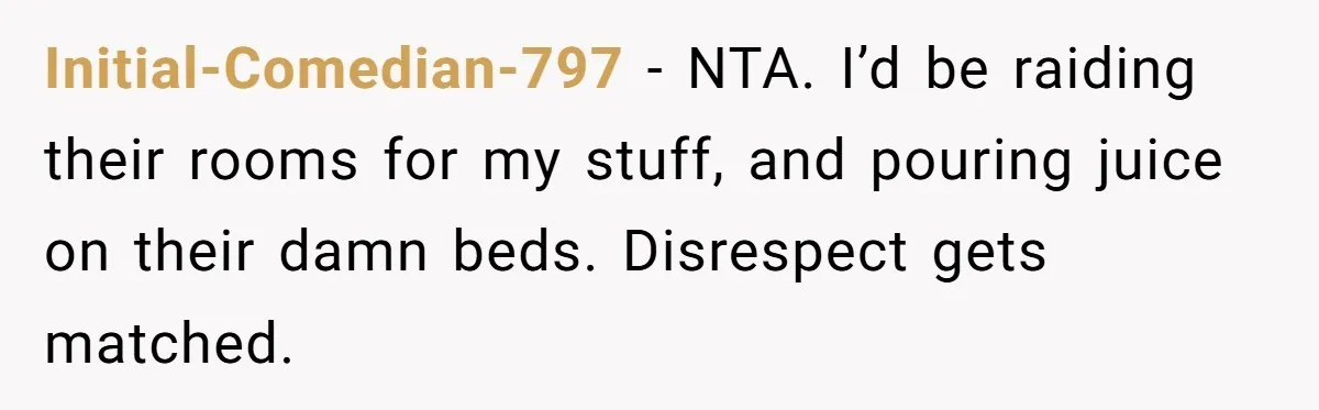 Initial-Comedian-797 − NTA. I’d be raiding their rooms for my stuff, and pouring juice on their damn beds. Disrespect gets matched.