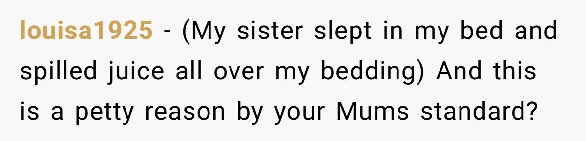 louisa1925 − (My sister slept in my bed and spilled juice all over my bedding) And this is a petty reason by your Mums standard?