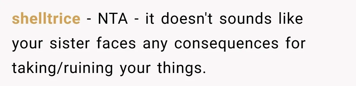 shelltrice − NTA - it doesn't sounds like your sister faces any consequences for taking/ruining your things.