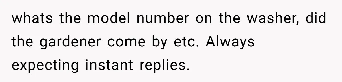 whats the model number on the washer, did the gardener come by etc. Always expecting instant replies.