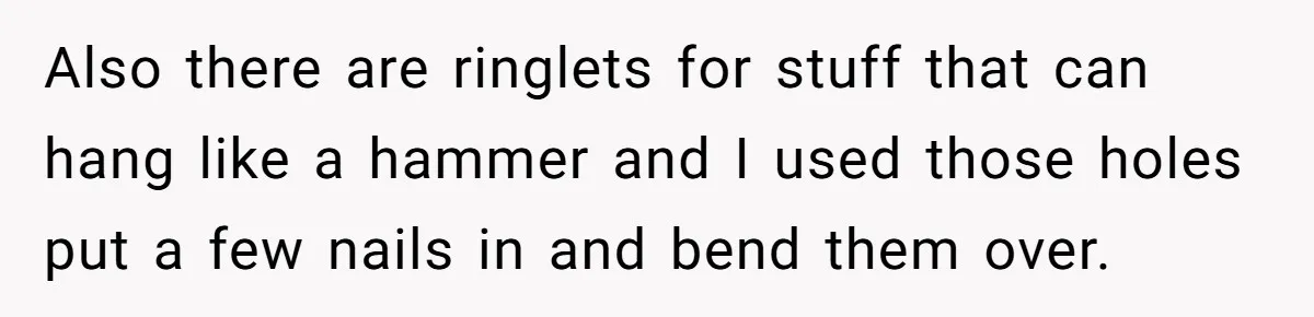 Also there are ringlets for stuff that can hang like a hammer and I used those holes put a few nails in and bend them over.