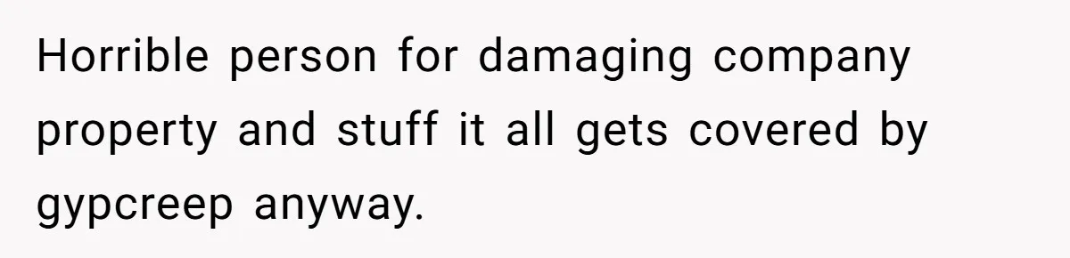 Horrible person for damaging company property and stuff it all gets covered by gypcreep anyway.