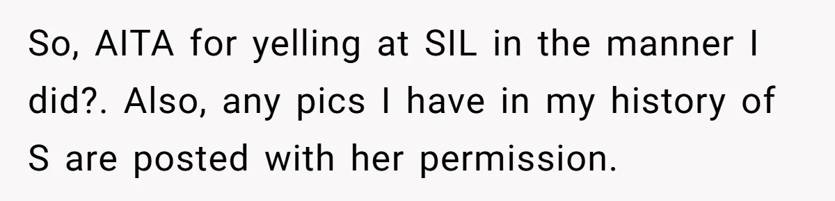 So, AITA for yelling at SIL in the manner I did?. Also, any pics I have in my history of S are posted with her permission.