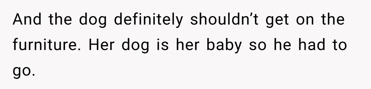 And the dog definitely shouldn’t get on the furniture. Her dog is her baby so he had to go.
