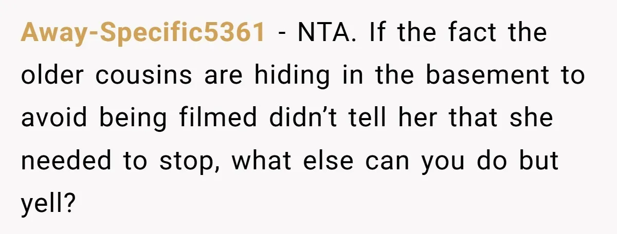 Away-Specific5361 − NTA. If the fact the older cousins are hiding in the basement to avoid being filmed didn’t tell her that she needed to stop, what else can you...