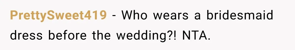 PrettySweet419 − Who wears a bridesmaid dress before the wedding?! NTA.
