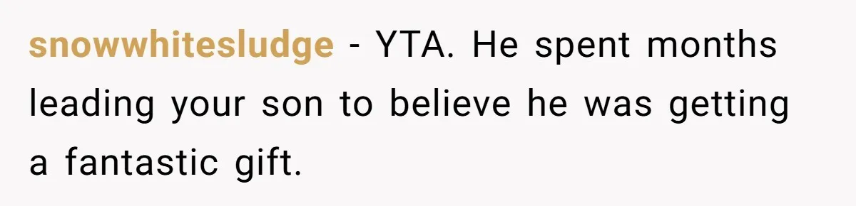 snowwhitesludge − YTA. He spent months leading your son to believe he was getting a fantastic gift.