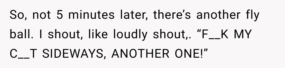 So, not 5 minutes later, there’s another fly ball. I shout, like loudly shout,. “F__K MY C__T SIDEWAYS, ANOTHER ONE!”