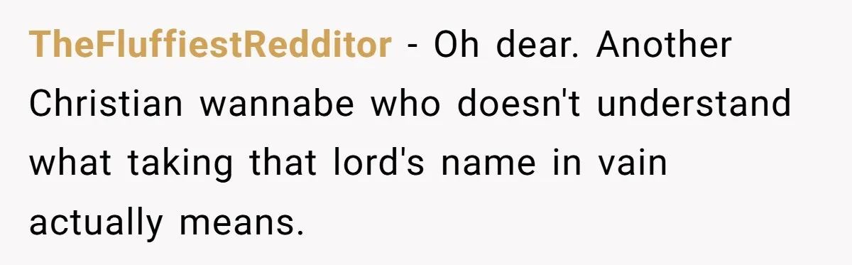 TheFluffiestRedditor − Oh dear. Another Christian wannabe who doesn't understand what taking that lord's name in vain actually means.