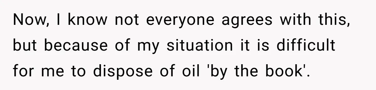 Now, I know not everyone agrees with this, but because of my situation it is difficult for me to dispose of oil 'by the book'.