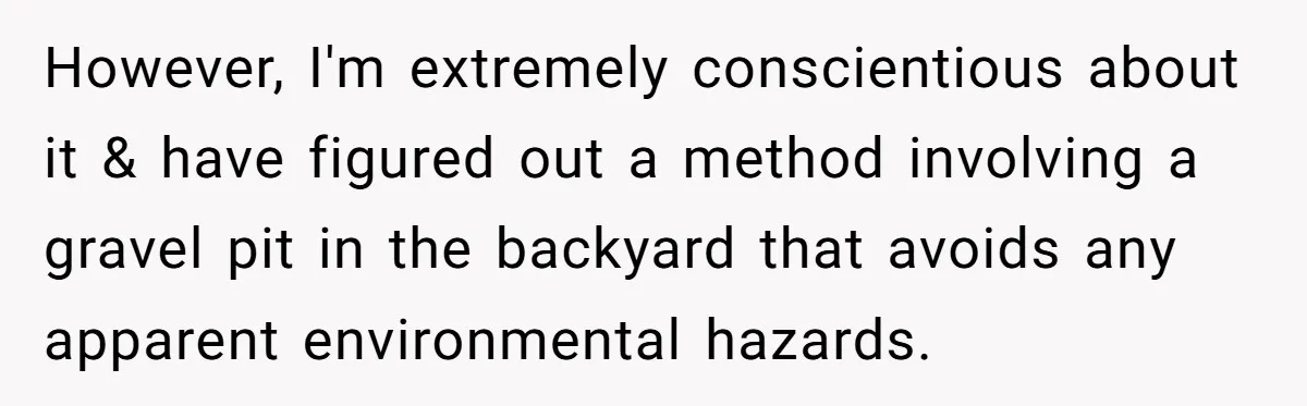 However, I'm extremely conscientious about it & have figured out a method involving a gravel pit in the backyard that avoids any apparent environmental hazards.