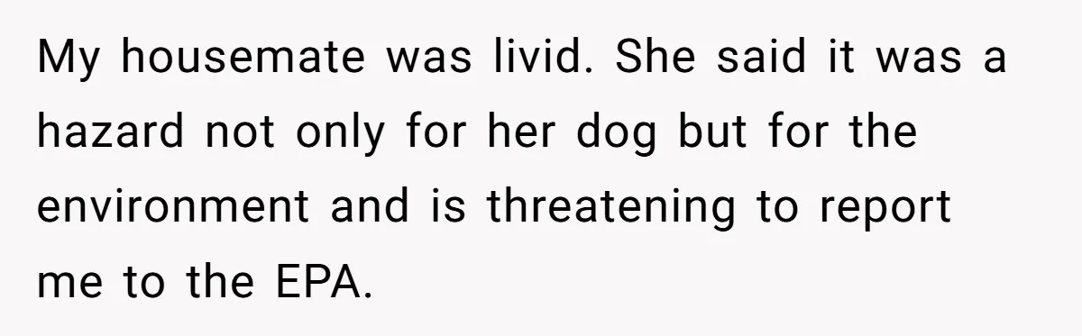 My housemate was livid. She said it was a hazard not only for her dog but for the environment and is threatening to report me to the EPA.