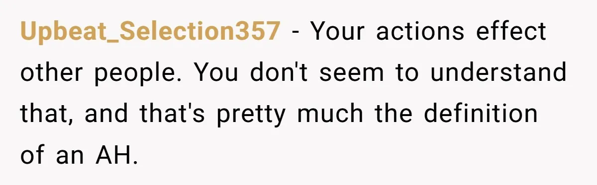 Upbeat_Selection357 − Your actions effect other people. You don't seem to understand that, and that's pretty much the definition of an AH.