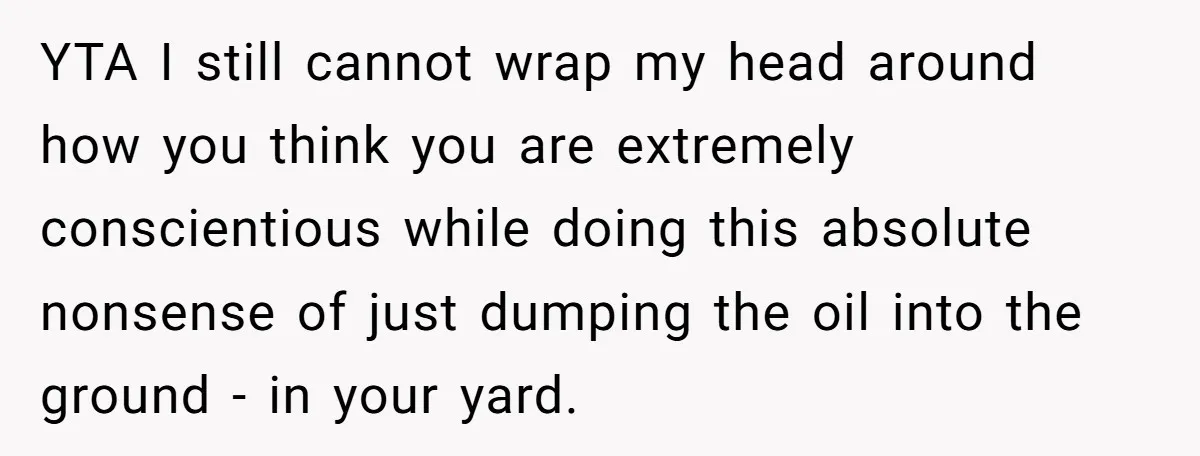 YTA I still cannot wrap my head around how you think you are extremely conscientious while doing this absolute nonsense of just dumping the oil into the ground - in...