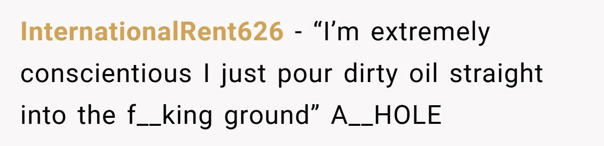 InternationalRent626 − “I’m extremely conscientious I just pour dirty oil straight into the f__king ground” A__HOLE