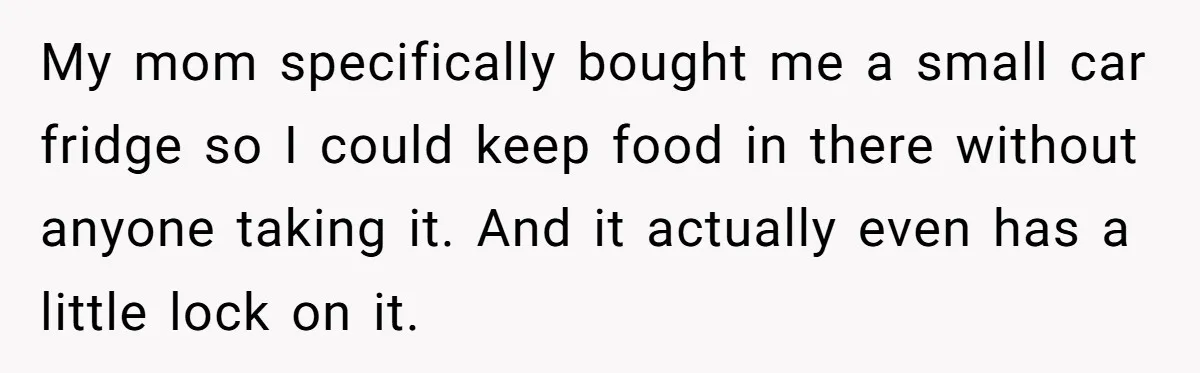 My mom specifically bought me a small car fridge so I could keep food in there without anyone taking it. And it actually even has a little lock on it.