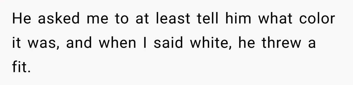 He asked me to at least tell him what color it was, and when I said white, he threw a fit.