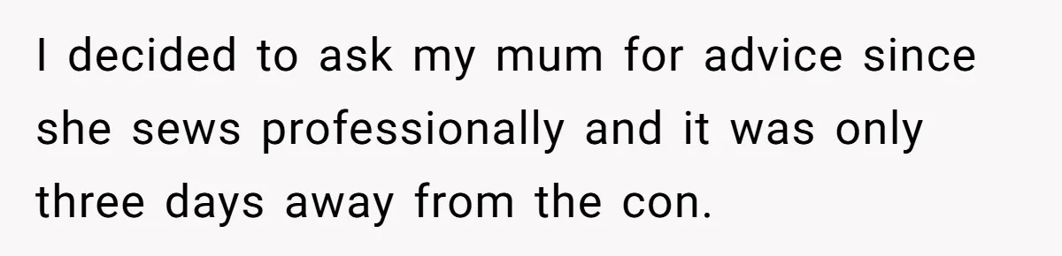 I decided to ask my mum for advice since she sews professionally and it was only three days away from the con.