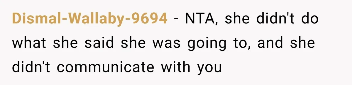 Dismal-Wallaby-9694 − NTA, she didn't do what she said she was going to, and she didn't communicate with you