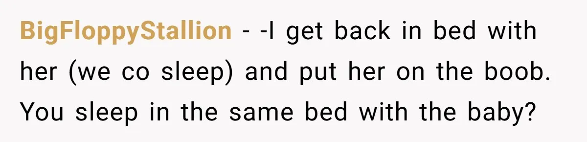 BigFloppyStallion − -I get back in bed with her (we co sleep) and put her on the boob. You sleep in the same bed with the baby?