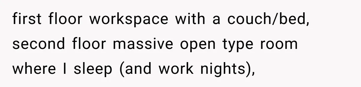 first floor workspace with a couch/bed, second floor massive open type room where I sleep (and work nights),