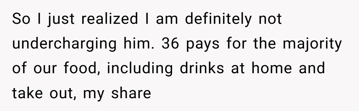 So I just realized I am definitely not undercharging him. 36 pays for the majority of our food, including drinks at home and take out, my share