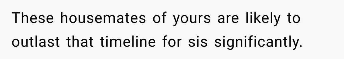 These housemates of yours are likely to outlast that timeline for sis significantly.