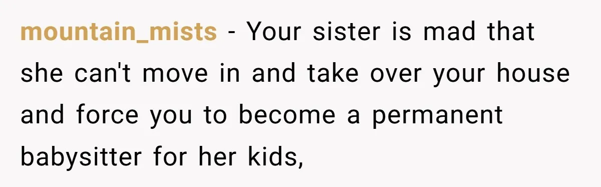mountain_mists − Your sister is mad that she can't move in and take over your house and force you to become a permanent babysitter for her kids,