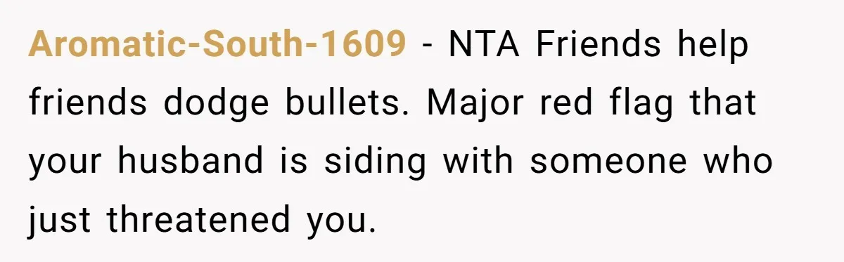 Aromatic-South-1609 − NTA Friends help friends dodge bullets. Major red flag that your husband is siding with someone who just threatened you.