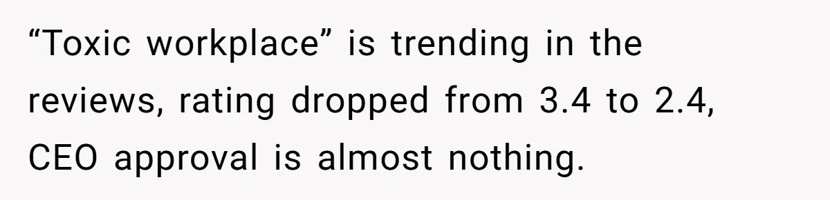 “Toxic workplace” is trending in the reviews, rating dropped from 3.4 to 2.4, CEO approval is almost nothing.