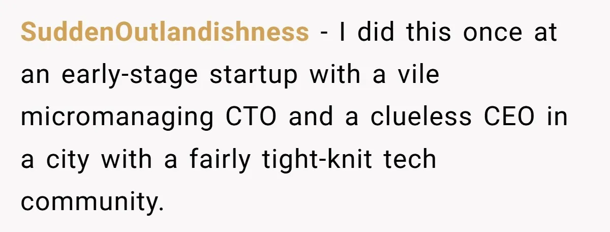 SuddenOutlandishness − I did this once at an early-stage startup with a vile micromanaging CTO and a clueless CEO in a city with a fairly tight-knit tech community.