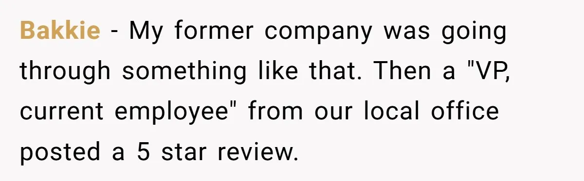 Bakkie − My former company was going through something like that. Then a "VP, current employee" from our local office posted a 5 star review.