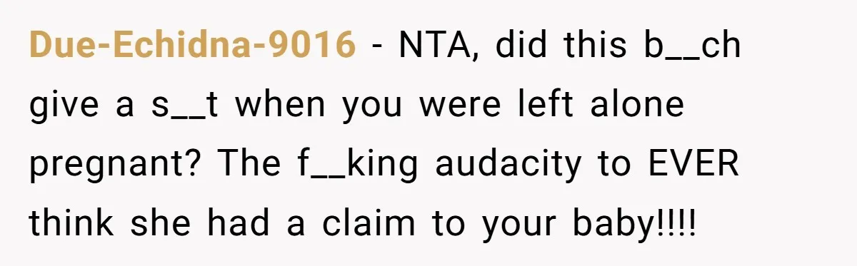 Due-Echidna-9016 − NTA, did this b__ch give a s__t when you were left alone pregnant? The f__king audacity to EVER think she had a claim to your baby!!!!