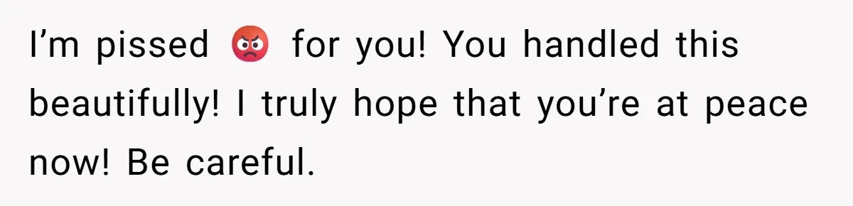 I’m pissed 😡 for you! You handled this beautifully! I truly hope that you’re at peace now! Be careful.