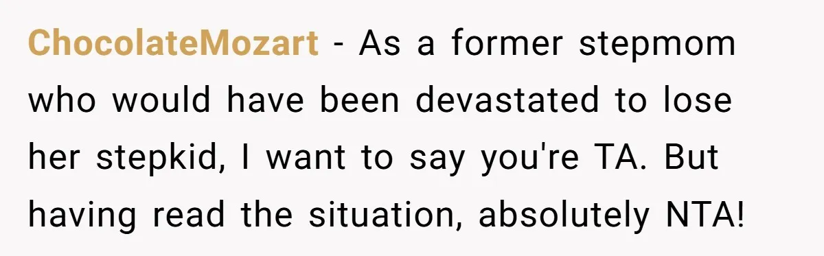 ChocolateMozart − As a former stepmom who would have been devastated to lose her stepkid, I want to say you're TA. But having read the situation, absolutely NTA!