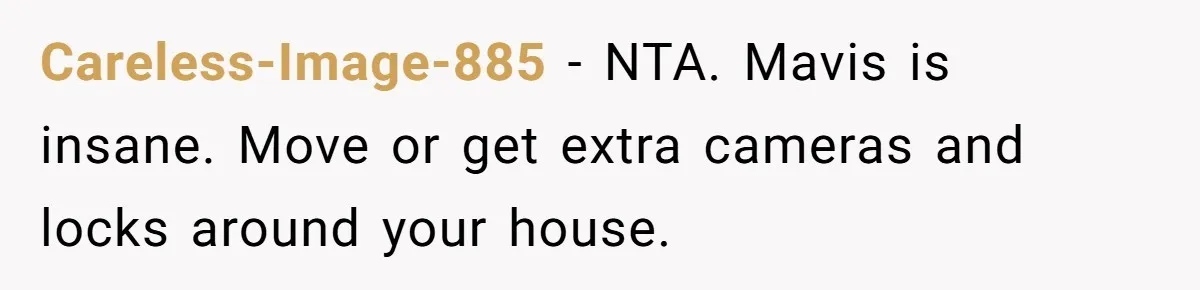 Careless-Image-885 − NTA. Mavis is insane. Move or get extra cameras and locks around your house.