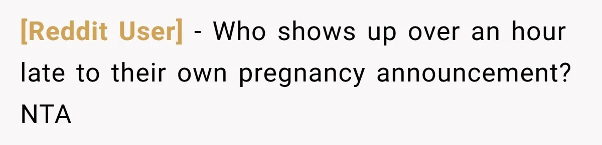 [Reddit User] − Who shows up over an hour late to their own pregnancy announcement? NTA