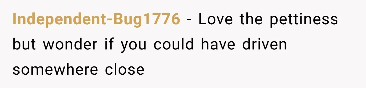 Independent-Bug1776 − Love the pettiness but wonder if you could have driven somewhere close