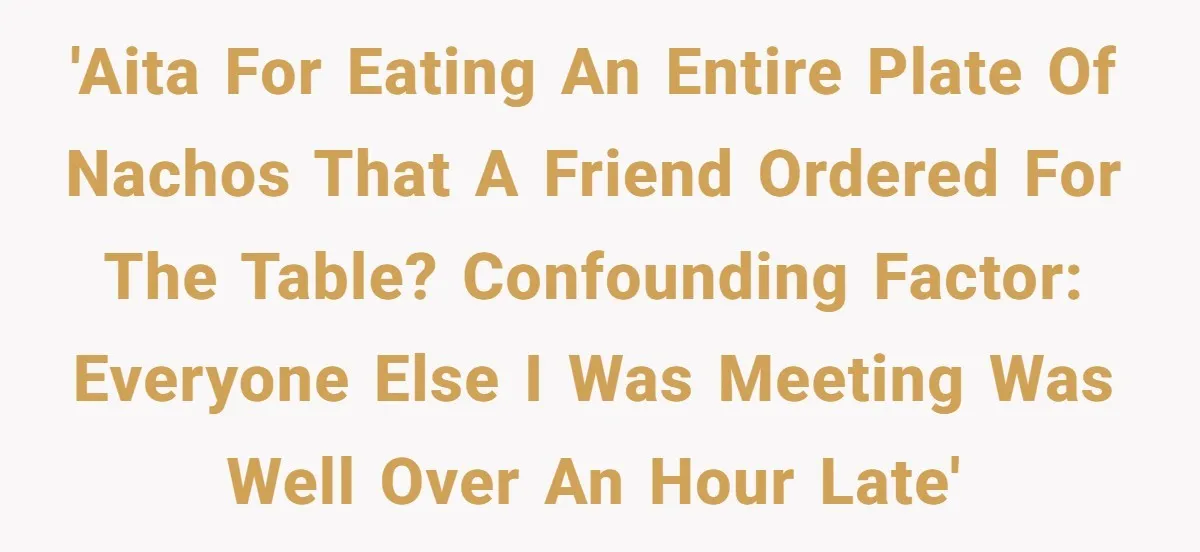 'AITA for eating an entire plate of nachos that a friend ordered for the table? Confounding factor: everyone else I was meeting was well over an hour late'
