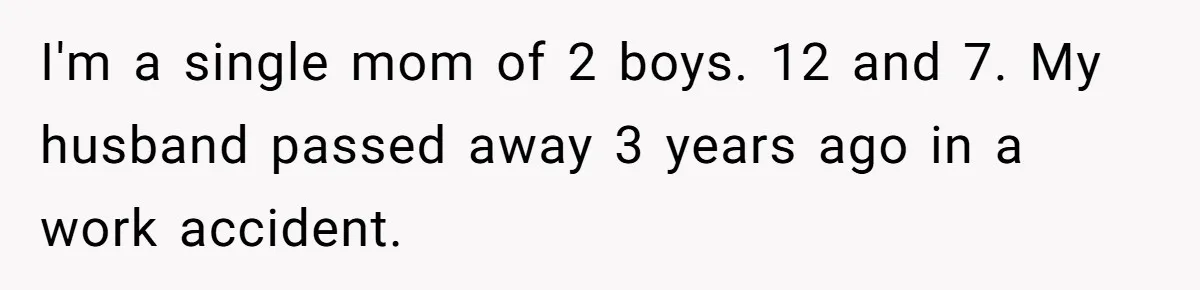 I'm a single mom of 2 boys. 12 and 7. My husband passed away 3 years ago in a work accident.