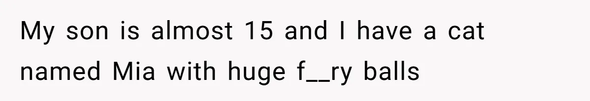 My son is almost 15 and I have a cat named Mia with huge f__ry balls