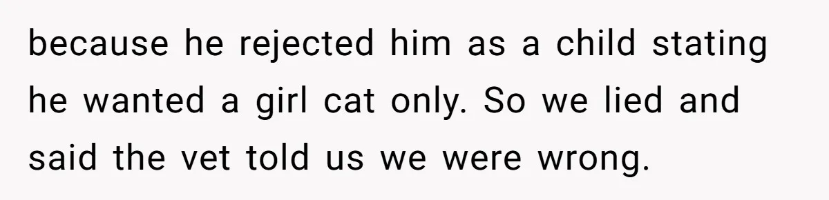 because he rejected him as a child stating he wanted a girl cat only. So we lied and said the vet told us we were wrong.