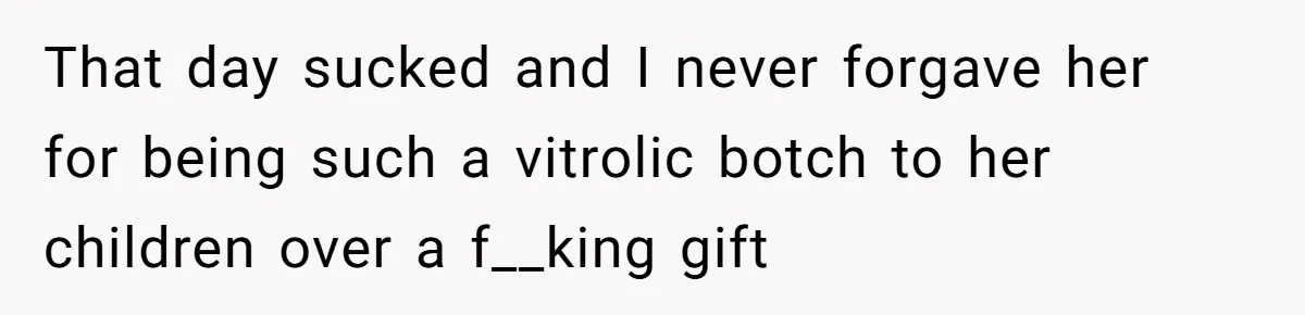 That day sucked and I never forgave her for being such a vitrolic botch to her children over a f__king gift