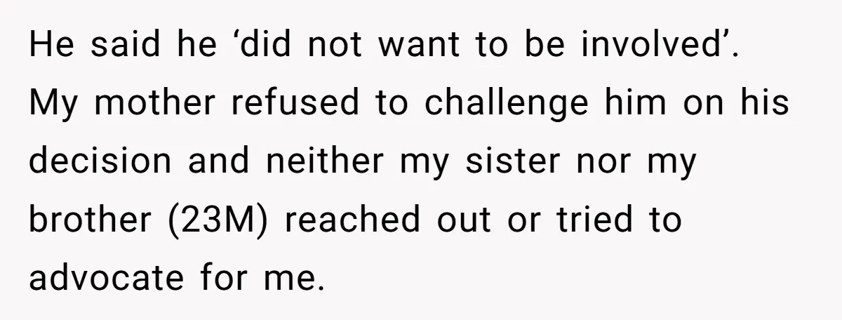 He said he ‘did not want to be involved’. My mother refused to challenge him on his decision and neither my sister nor my brother (23M) reached out or tried...